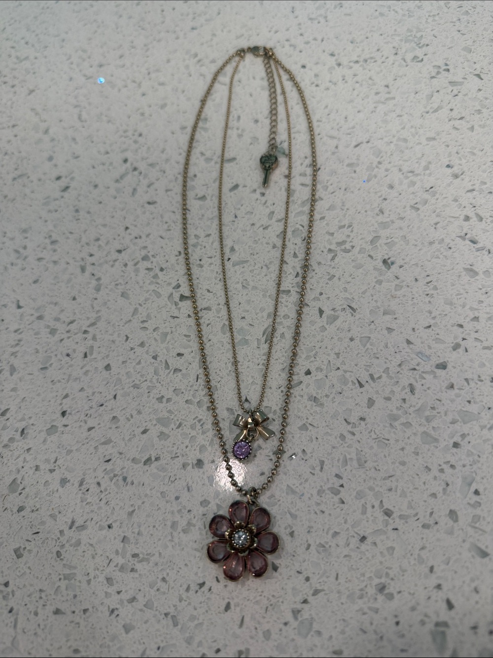 Betsey Johnson Gold-Tone Layered Necklace with Pinkish Purple Flower Pendant